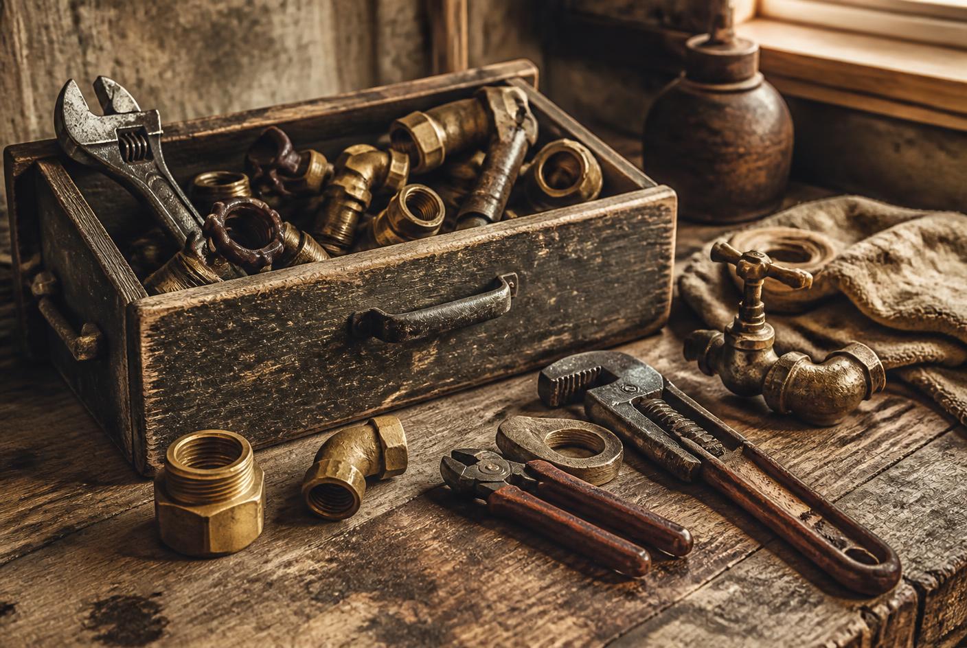 Vintage plumbing tools and brass fittings passed down through the family