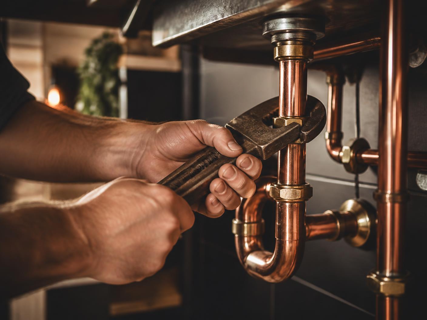Plumber tightening copper supply lines under a sink